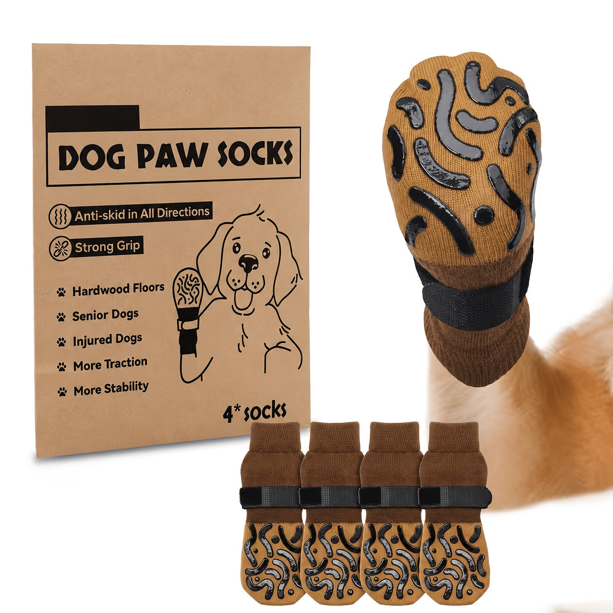 Non-Slip Dog Socks with Grip Pads, 4-Piece Paw Covers for Senior Dogs on Hardwood Floors, Everyday Pet Traction Accessories in Black or Caramel