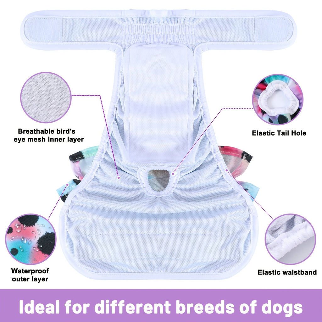 Reusable Female Dog Diapers, 3-Pack Washable Absorbent Heat Cycle Panties in Champagne or Colorful Leopard for X-Small to Large Dogs