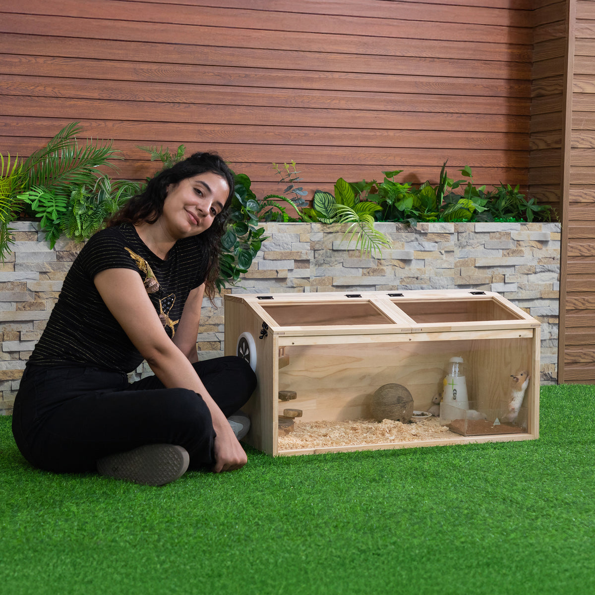 Hamster Habitat Wooden Cage with Clear Acrylic Front, Openable Top and Side Locks, 31.5-Inch Small Pet Enclosure in Natural or Burlywood