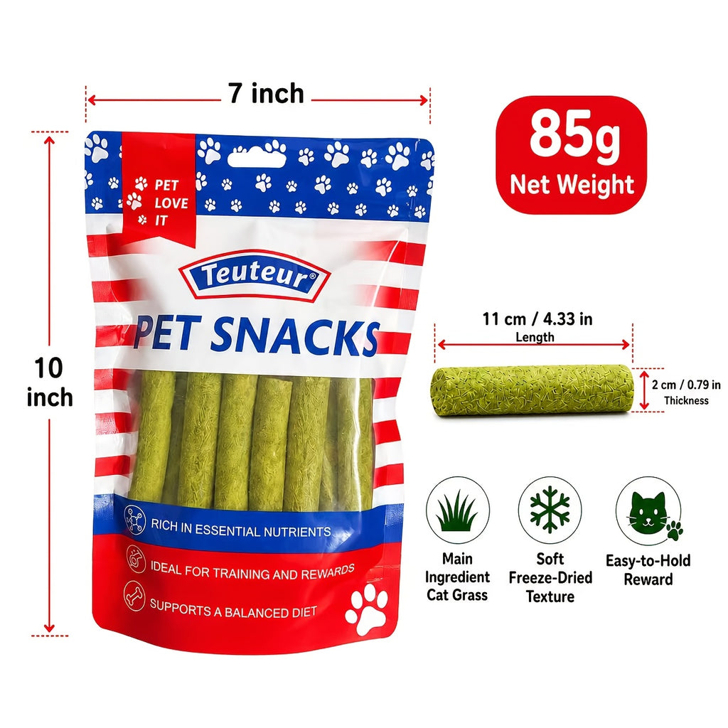 Cat Grass Chew Sticks, Freeze-Dried Edible Cat Snacks in 15 or 30 Piece Packs for Supervised Chewing, Treat Time and Cat Owner Gift Baskets