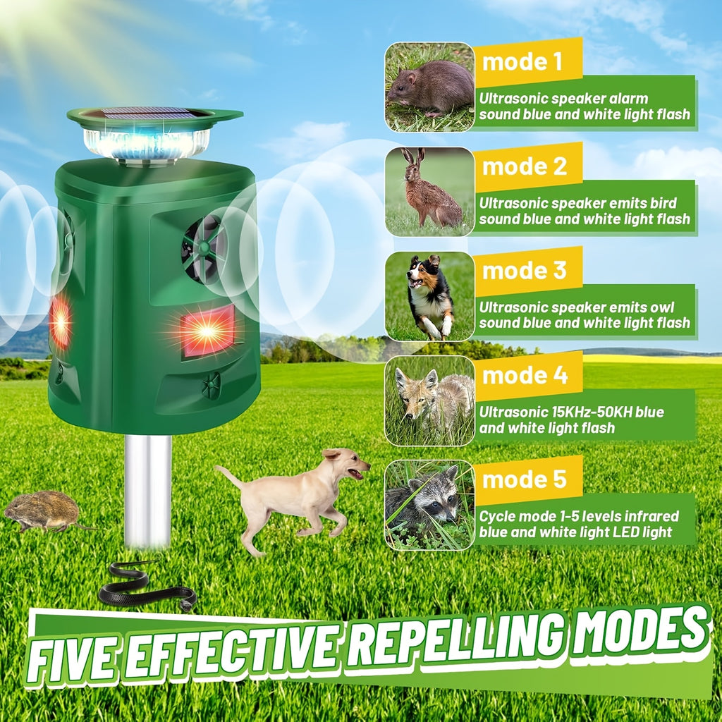 Solar-Powered Ultrasonic Outdoor Animal Sensor with 360° Motion Detection & LED Flashing Lights, Animal Activity Sensing Device for Yards, Farms, Chicken Coops, Homes, Villas & Barns, Dark Green