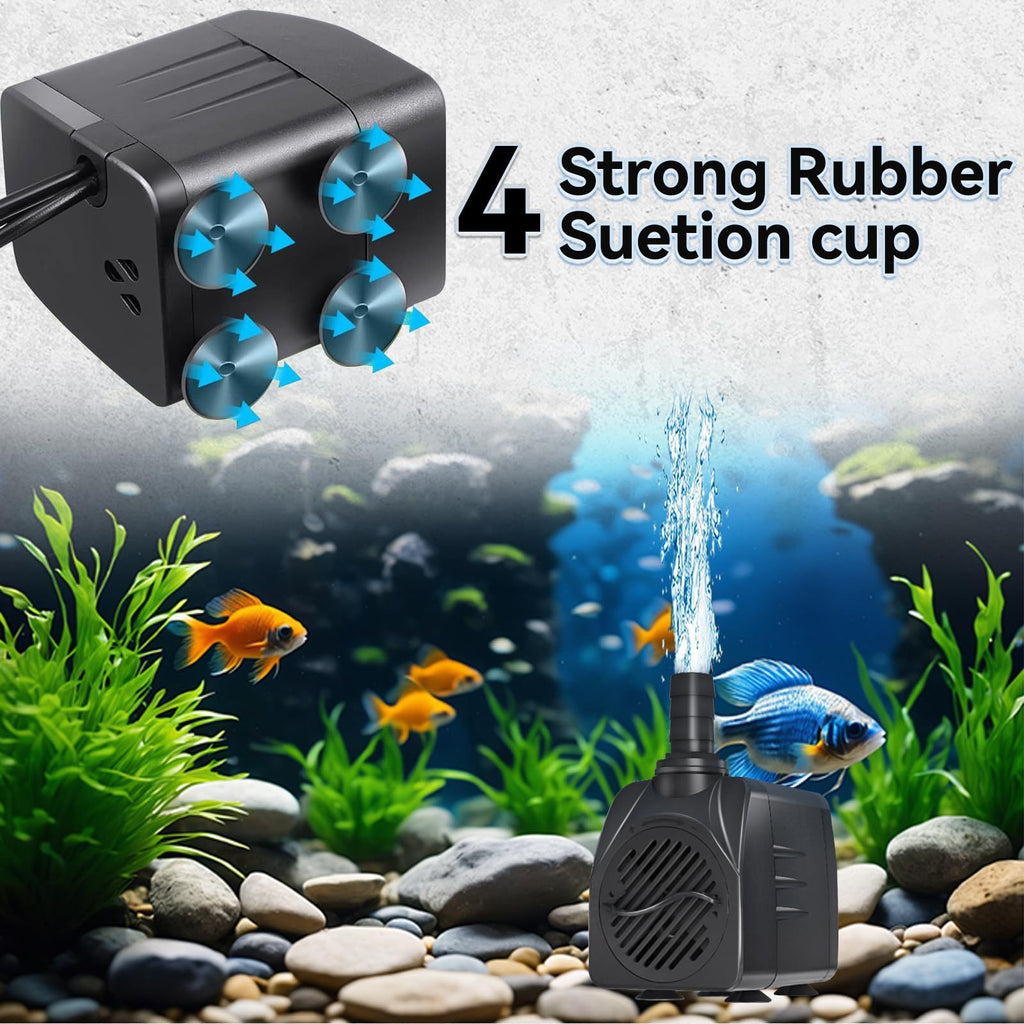 Submersible Aquarium Pump 10W with Adjustable Water Flow, Two Nozzles and Suction Feet, Compact Black Water Pump for Fish Tanks and Fountains