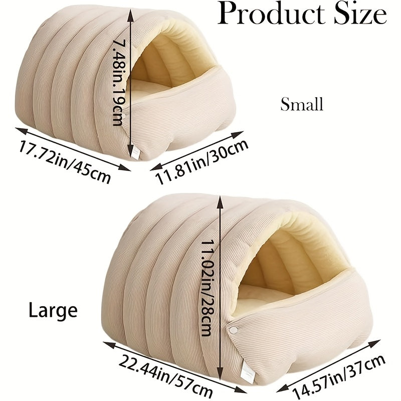 Cat Sleeping Bag Bed with Removable Cushion, Cozy Hooded Cave for Indoor Cats and Small Dogs, Ribbed Winter Hideaway in Beige, Green or Purple