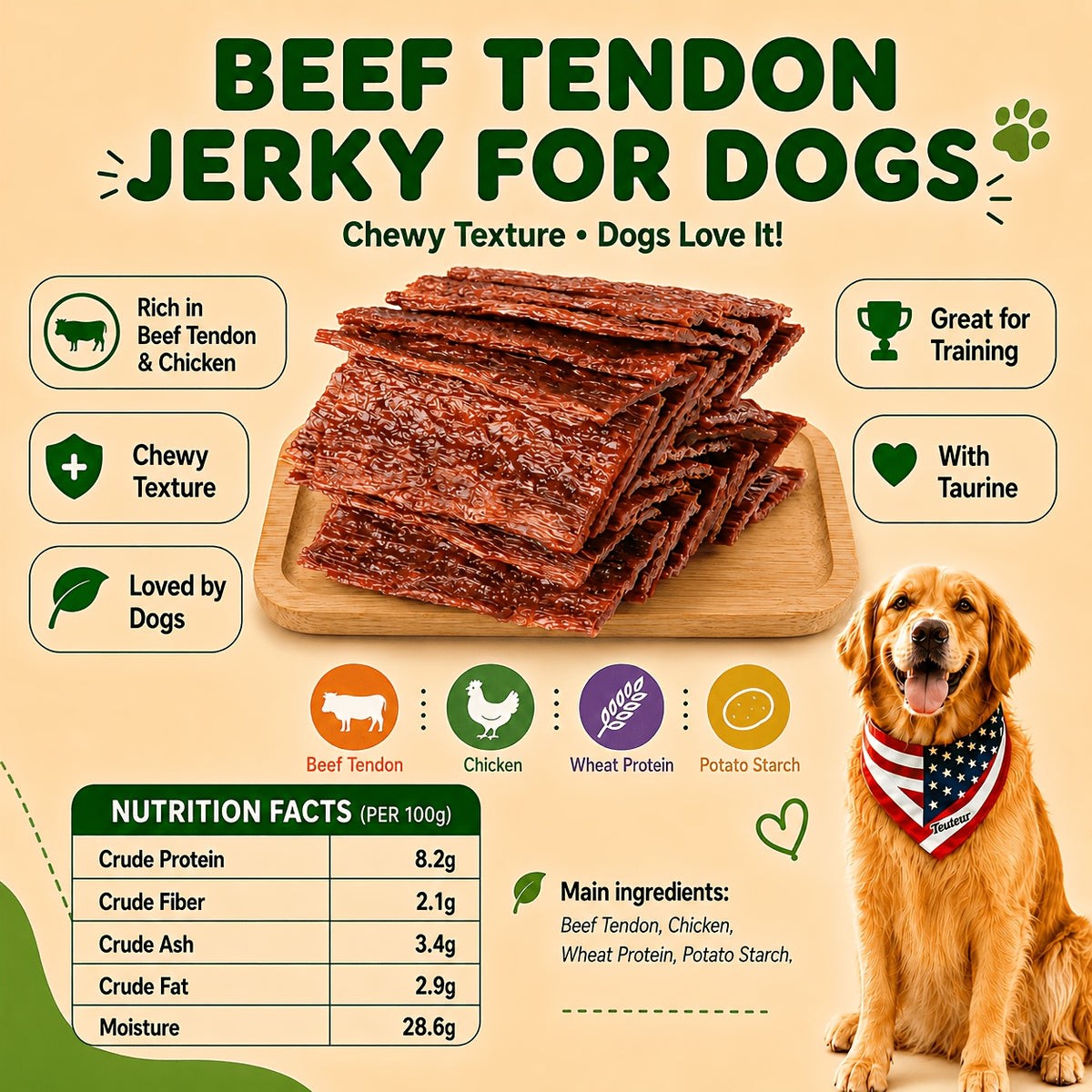 Beef Strips for Dogs 100g Beef Tendon Slices, Canine Snack Treats for Supervised Reward Time, Home Training Practice and Everyday Bonding