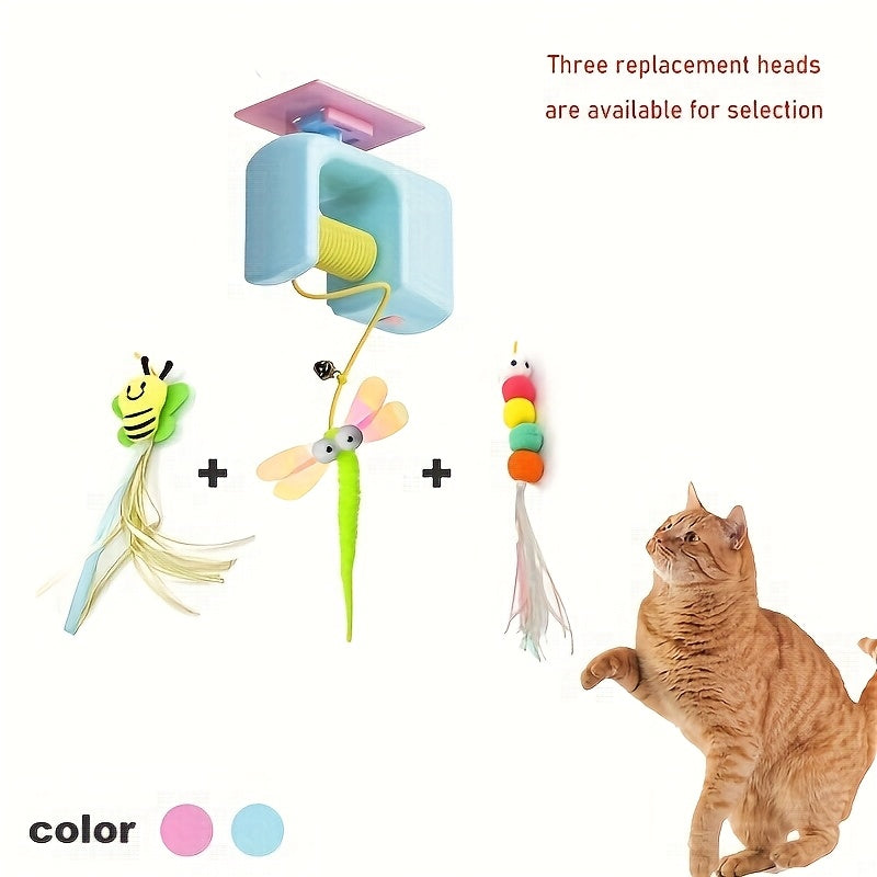 Automatic Hanging Cat Toy with Touch-Activated Retractable Tail, Blue Door or Wall Play Toy with Two Replacement Tails for Supervised Indoor Fun