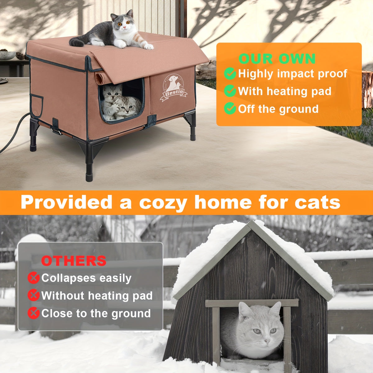 3-in-1 Heated Cat House with Detachable Heating Pad and Elevated Bed, Dual-Entry Cat Shelter in Brown, Camouflage and Roof Style Options