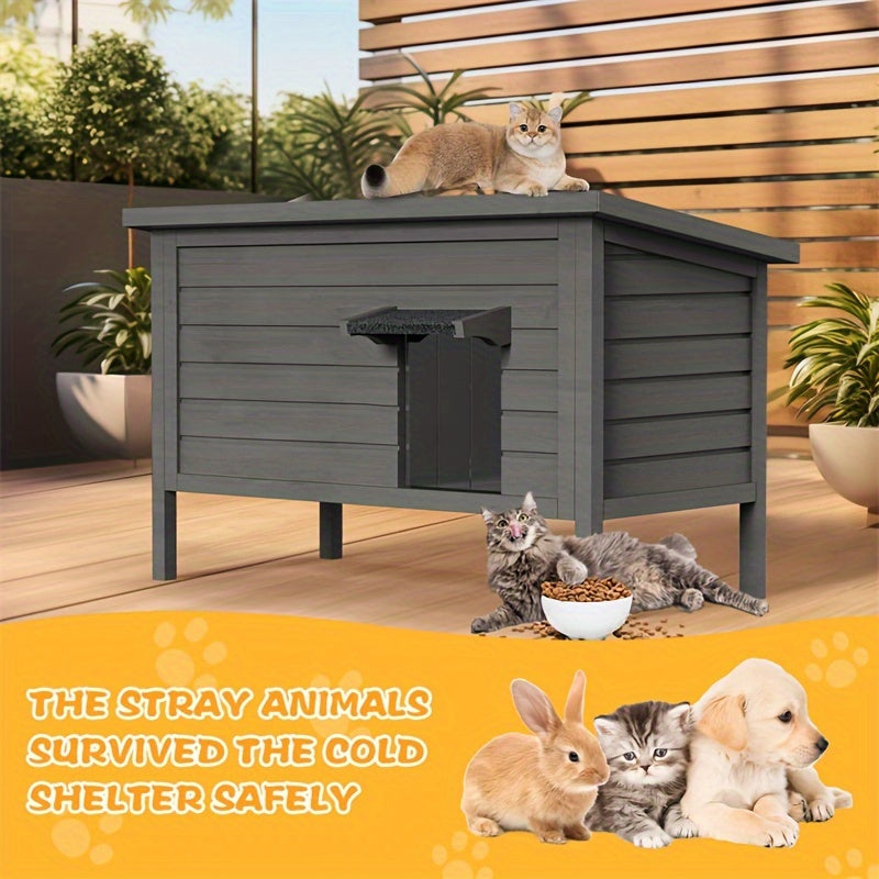 Wooden Outdoor Cat House with Six-Side Foam Insulation, Raised Floor and Feeding Station, 34.4 x 21.7 x 27.2 Inch Feral Cat Shelter in Grey or Coffee