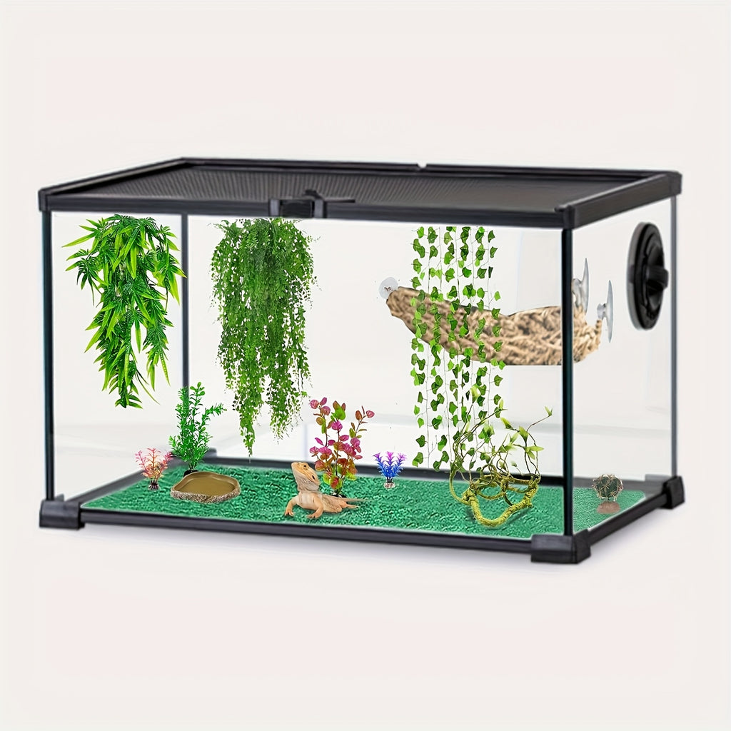 Bearded Dragon Tank Accessories 12 Piece Set with Woven Reptile Hammock, Artificial Plants, Leafy Vine and Suction Cups for Terrarium Decoration