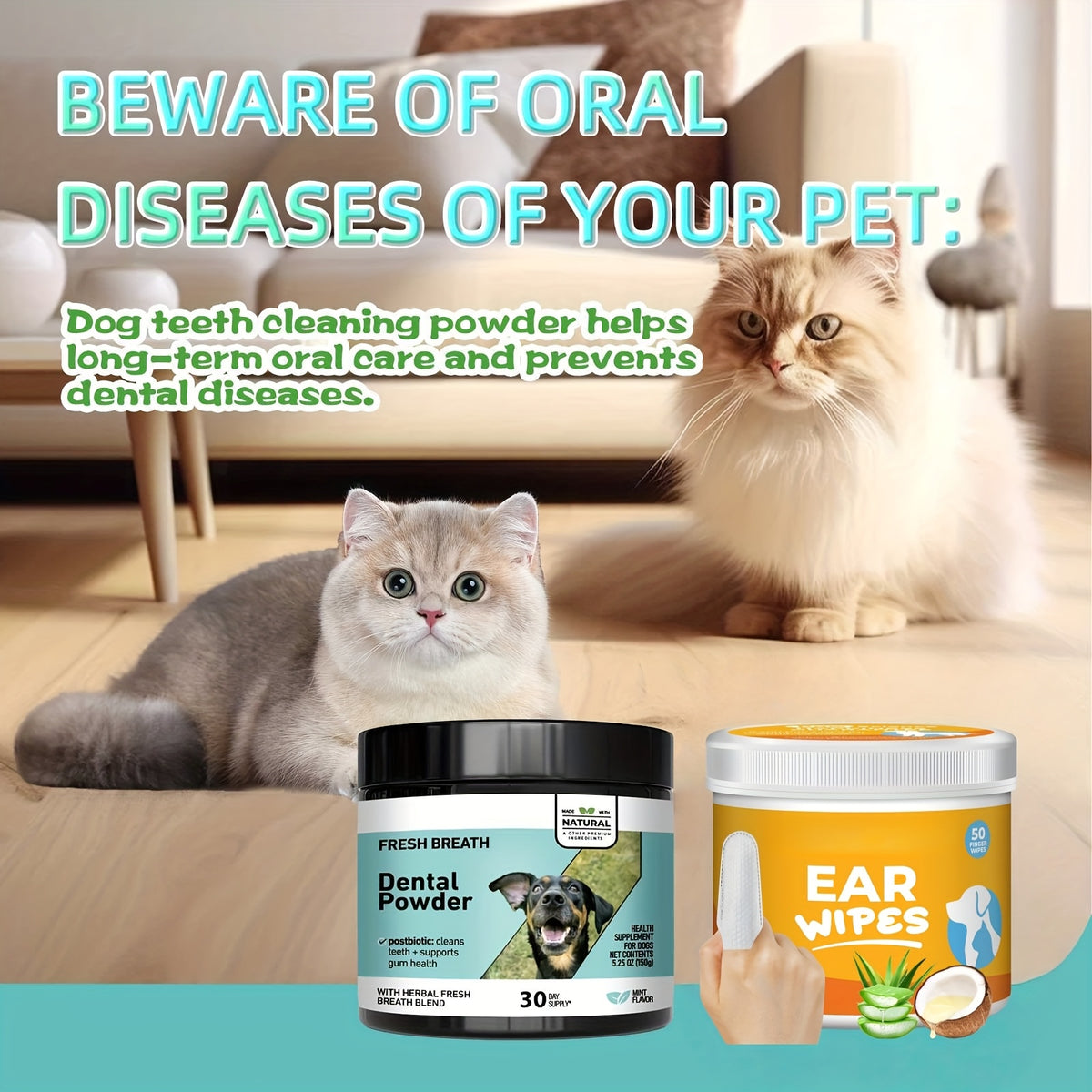Dog Ear Cleaner Wipes with Coconut Scent, Finger Wipes for Routine Ear Grooming, with Separate Dental Wipes, Teeth Cleaning Kit and Eye Wipe Options