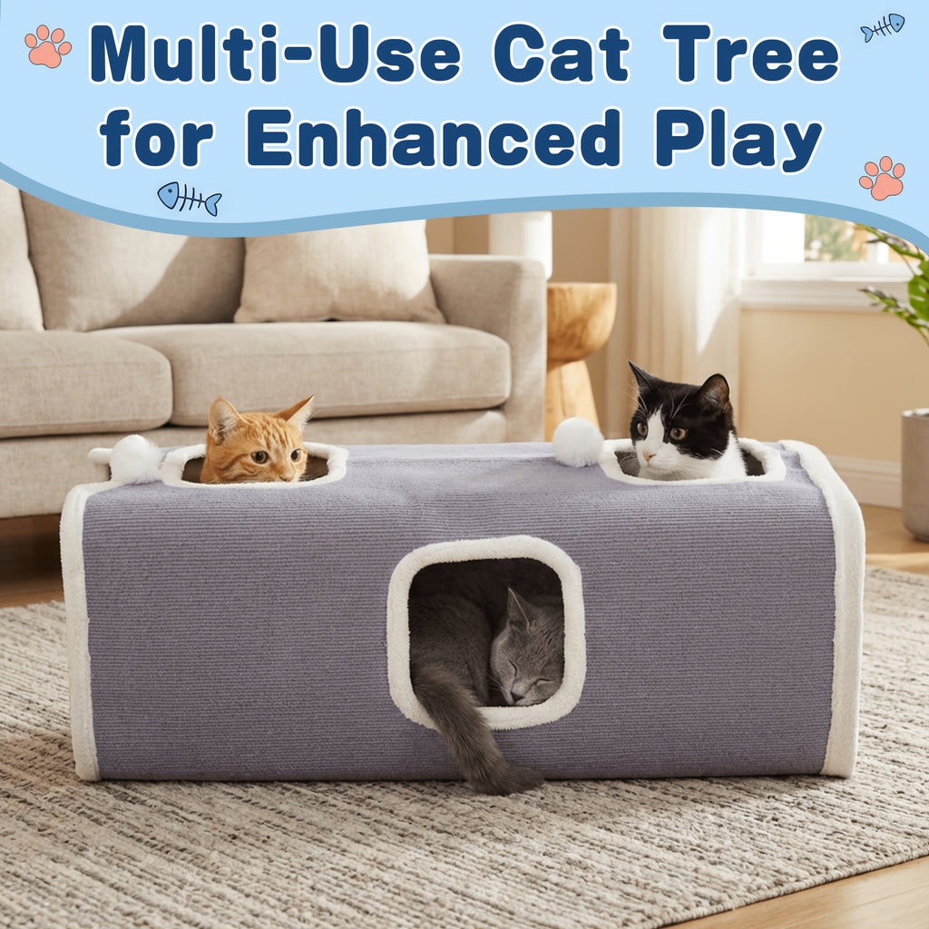 Cat Tree with Three-Layer Foldable Tower, Indoor Cat Condo with Cozy Top Bed, Hanging Ball Toys and Scratch-Resistant Surface for Small Spaces