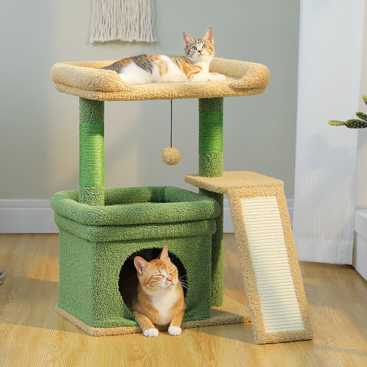 Cat Tree with Wide Perch and Condo, Modern Wood Cat Tower with Sisal Scratching Posts and Pad for Large Adult Indoor Cats and Compact Living Spaces