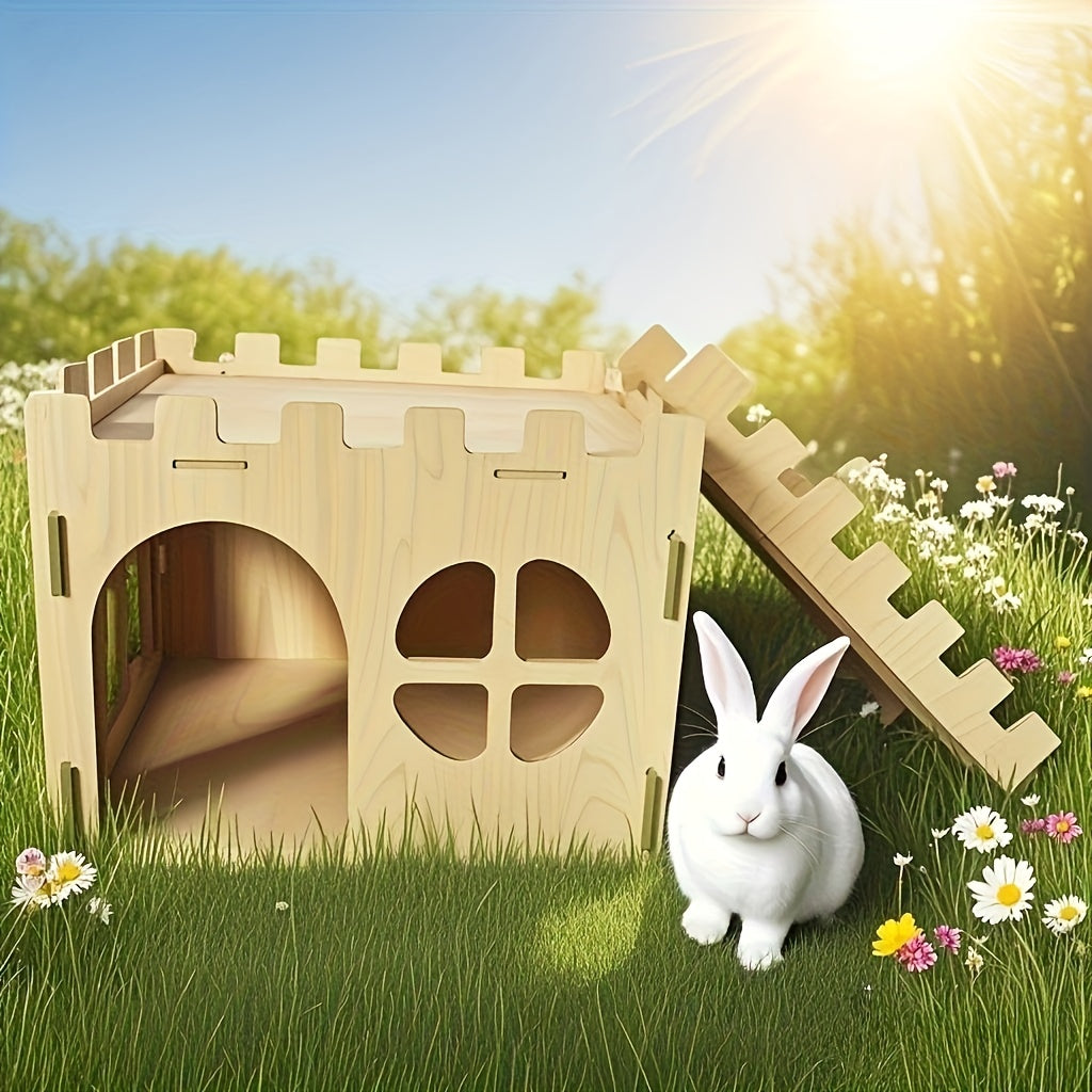 Wooden Rabbit Castle Hideout with Detachable Interlocking Design, Small Animal House for Indoor Habitat Enrichment, Hiding and Exploration