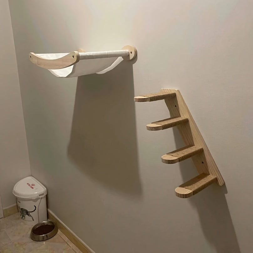 Cat Wall Hammock and Steps Set, Wall-Mounted Four-Step Sisal Climbing Furniture with Modern Hammock or Corner Perch Options for Indoor Cats