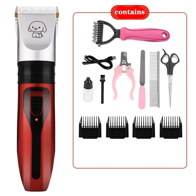 Electric Dog Grooming Clippers, Low-Noise USB Rechargeable Pet Hair Trimmer for Dogs and Cats, Golden or Red with 12-Piece Set Options