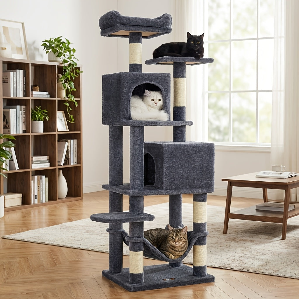 Cat Tree Tower 61 Inch with 5 Scratching Posts, 2 Perches, 2 Caves and Hammock, Plush Multi-Level Indoor Cat Furniture with Hanging Pompoms