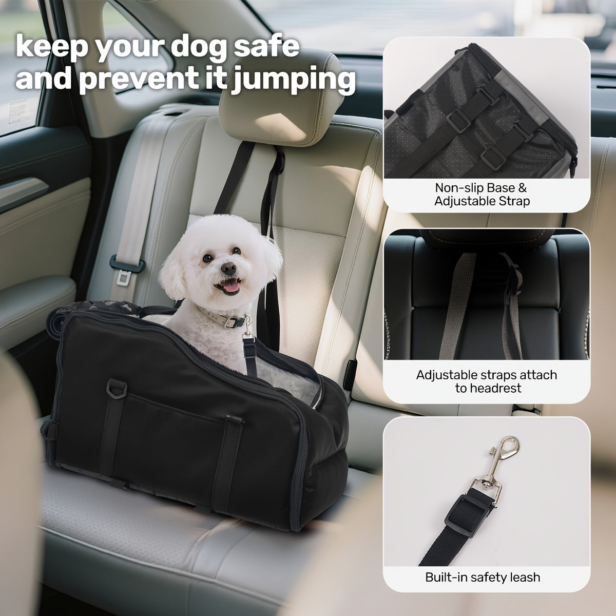 Dog Car Booster Seat for Small Dogs and Cats, Portable Center Console Pet Travel Bed with Listed Harness, Pink, Black, Gray or Green Options