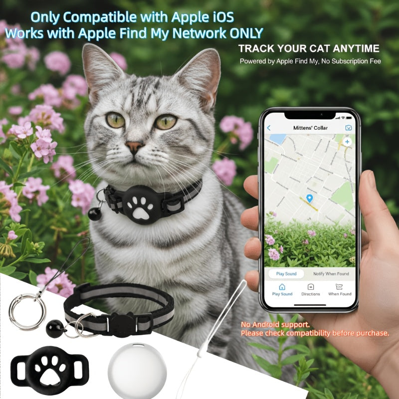 Cat Tracker Collar Set for iOS, Pet Locator with 5-Piece Option Including Two Lanyards, One Collar and Silicone Protective Case, Battery Not Included