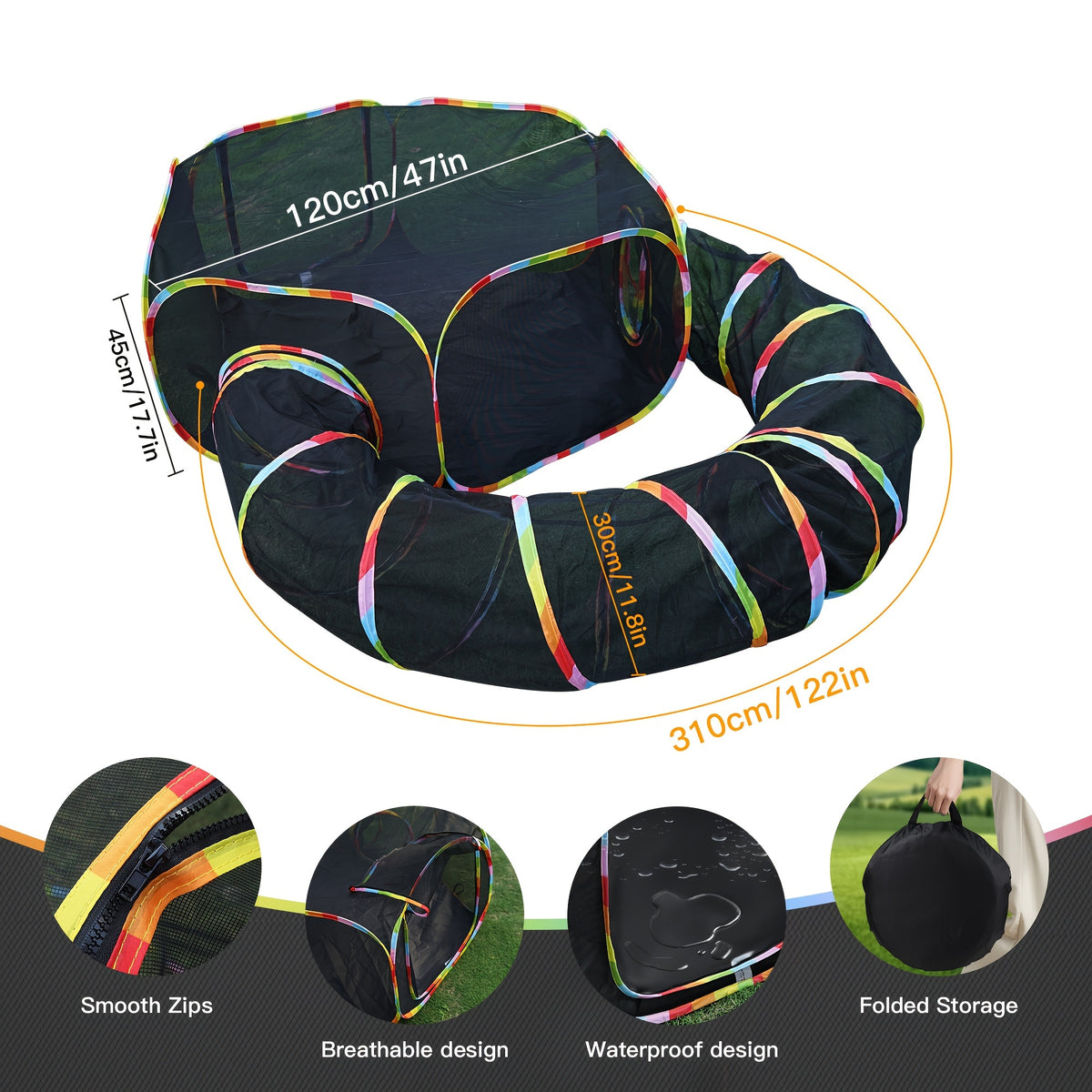 Cat Tent and Tunnel Set, Rainbow Portable Outdoor Cat Playpen with Circle Tunnel for Supervised Backyard Exploration and Everyday Play