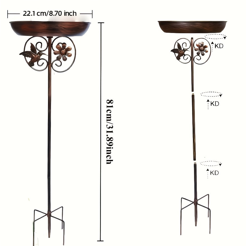 Bird Bath with Sunflower and Hummingbird Accents, Bronze Metal Outdoor Basin with 5-Claw Ground Stake for Garden and Backyard Decor, No Fountain
