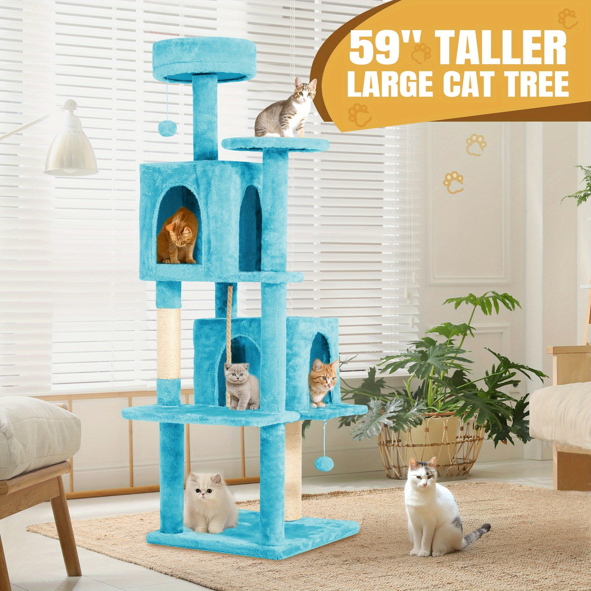 Cat Tower for Indoor Cats 59 Inch, Multi-Level Cat Tree with 2 Condos, Round Top Perch, Sisal Scratching Posts and Hanging Ball Toy, Plush Cat Furniture in 5 Colors