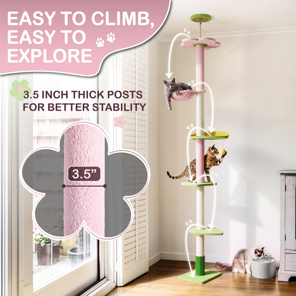 Floor to Ceiling Cat Tree with Hammock, Adjustable Cactus Cat Tower with Sisal Scratching Post, Faux-Fur Platforms and Interactive Playball for Indoor Cats