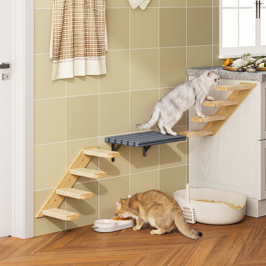Wall Mounted Cat Steps and Hammock, 2 or 3 Piece Wooden Cat Wall Furniture with Felt Padding for Indoor Climbing, Scratching and Resting