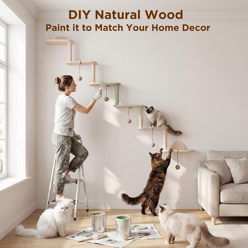 Modular Cat Wall Shelves 6-Piece Set with 5 Toy Balls, DIY Wall-Mounted Cat Tree Furniture for Indoor Climbing, Resting and Scratching