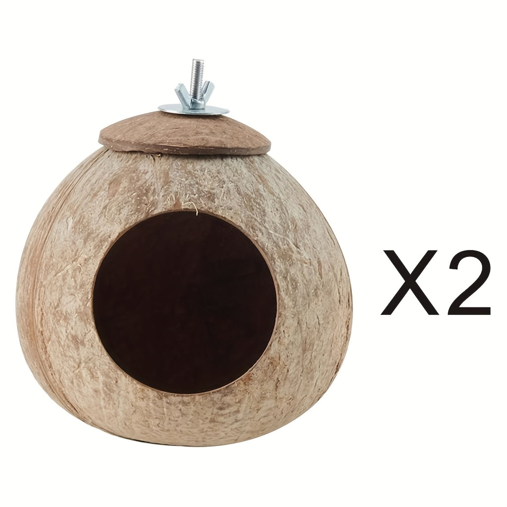 Coconut Shell Bird Nest 2 Pack with Hanging Ropes, Natural Bird Cage Hideaway Huts for Small Birds, Parakeet Cage Accessories and Decor