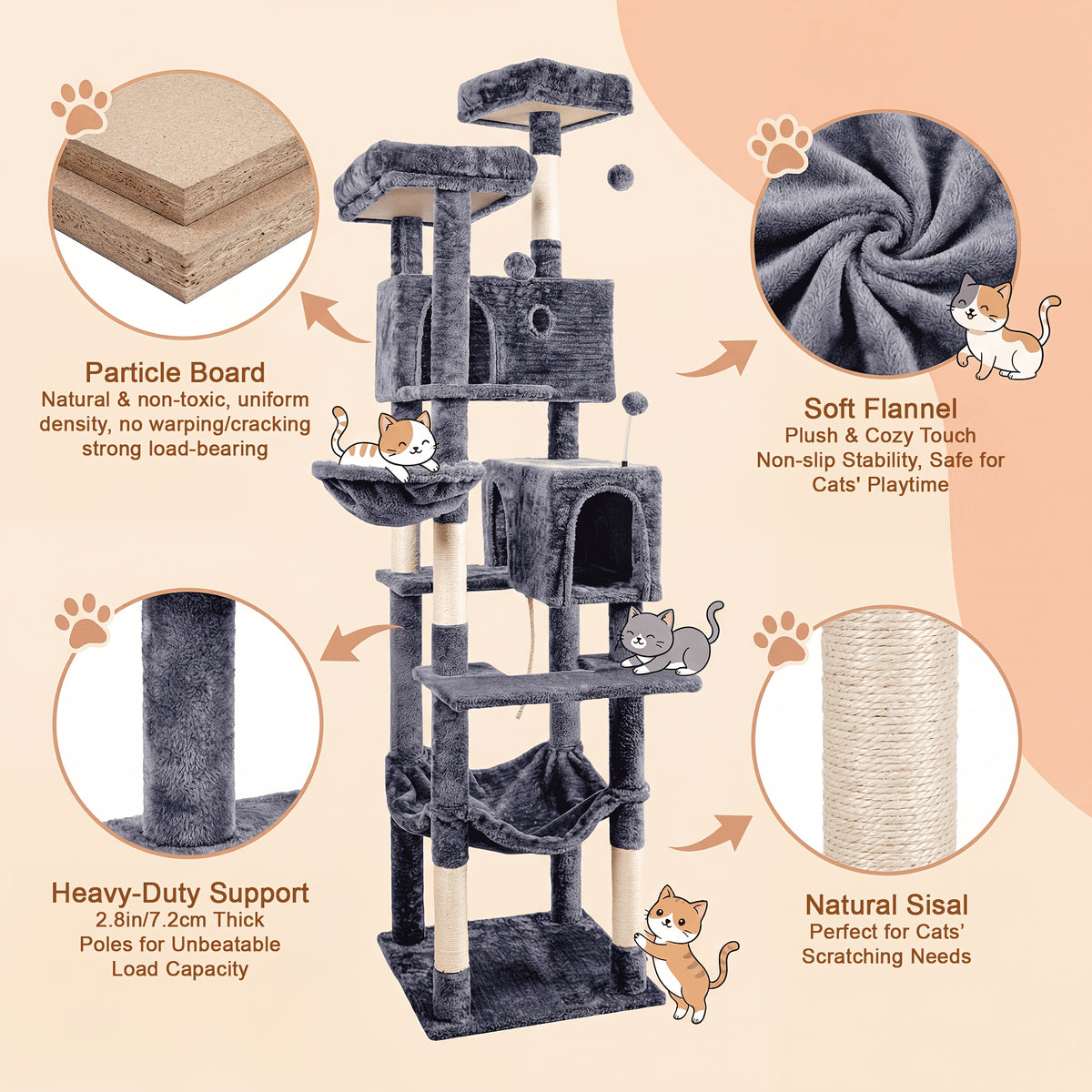 Multi-Level Cat Tree with Plush Resting Areas and Scratching Posts, Indoor Cat Tower in Three Colors with Separate Replacement Column Options