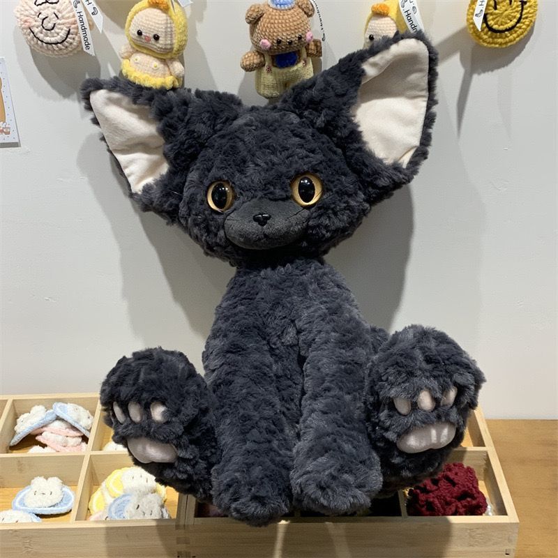 Soft Fur Cat Toy 13.78 Inch, Devon Rex Inspired Black Cat Character with Large-Eye Cartoon Design for Supervised Gentle Play and Pet Lover Gifts