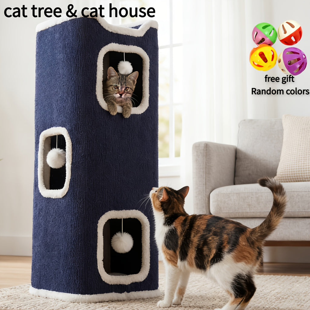 Cat Condo Cube Tower for Indoor Cats, Space-Saving Cat House Bed with Hanging Plush Ball, One to Three Stories in Beige, Coffee or Light Gray