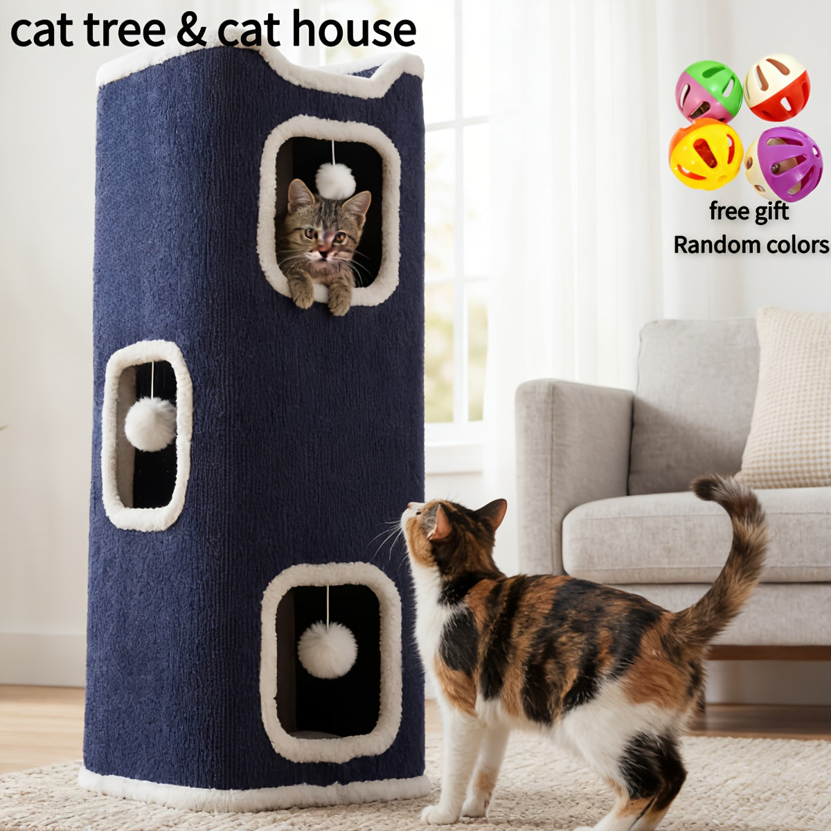 Cat Condo Cube Tower for Indoor Cats, Space-Saving Cat House Bed with Hanging Plush Ball, One to Three Stories in Beige, Coffee or Light Gray