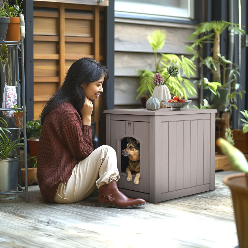 Pet House with Ventilation Windows, Easy-Assemble Resin Resting Shelter in Black or Light Brown for Indoor and Sheltered Outdoor Placement