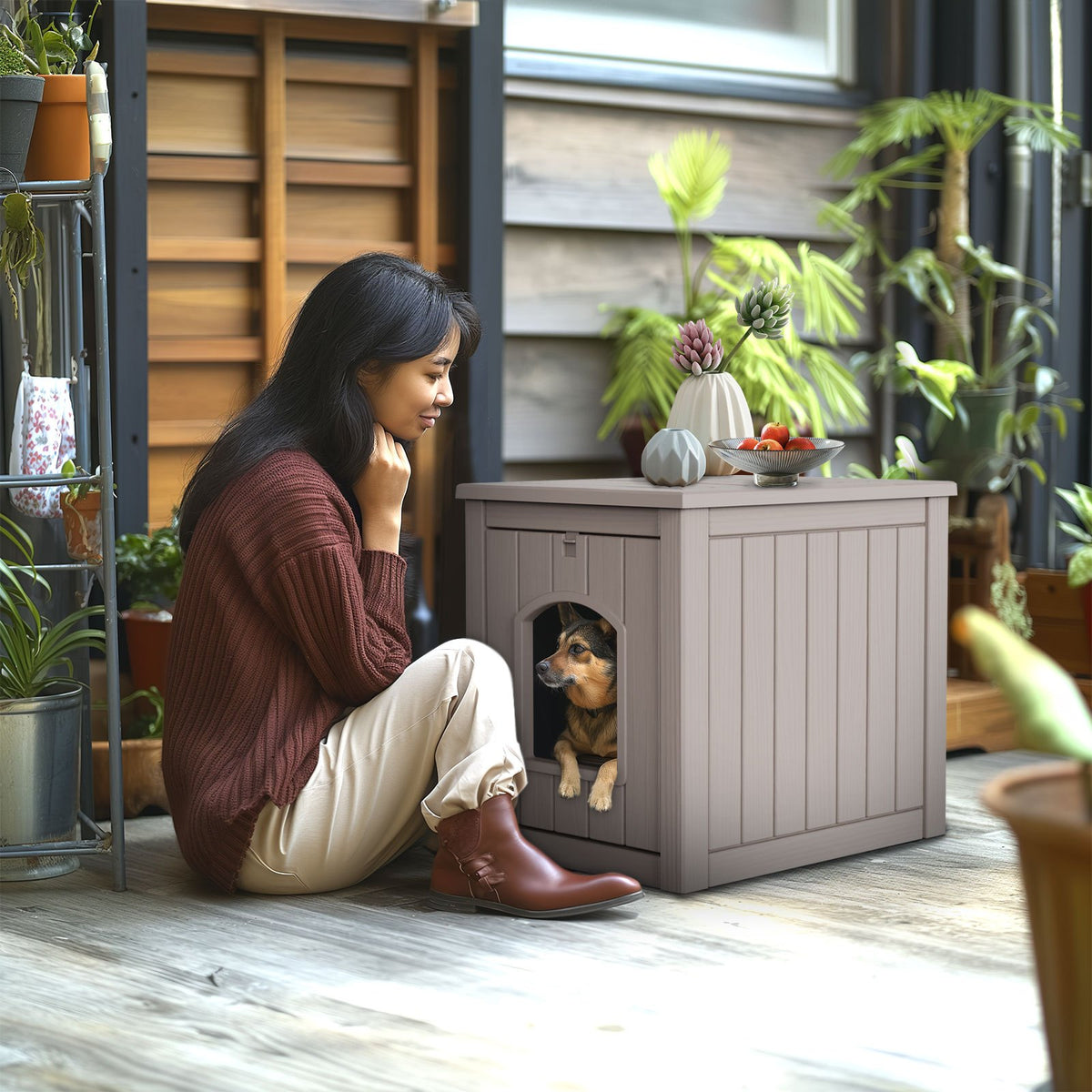 Pet House with Ventilation Windows, Easy-Assemble Resin Resting Shelter in Black or Light Brown for Indoor and Sheltered Outdoor Placement