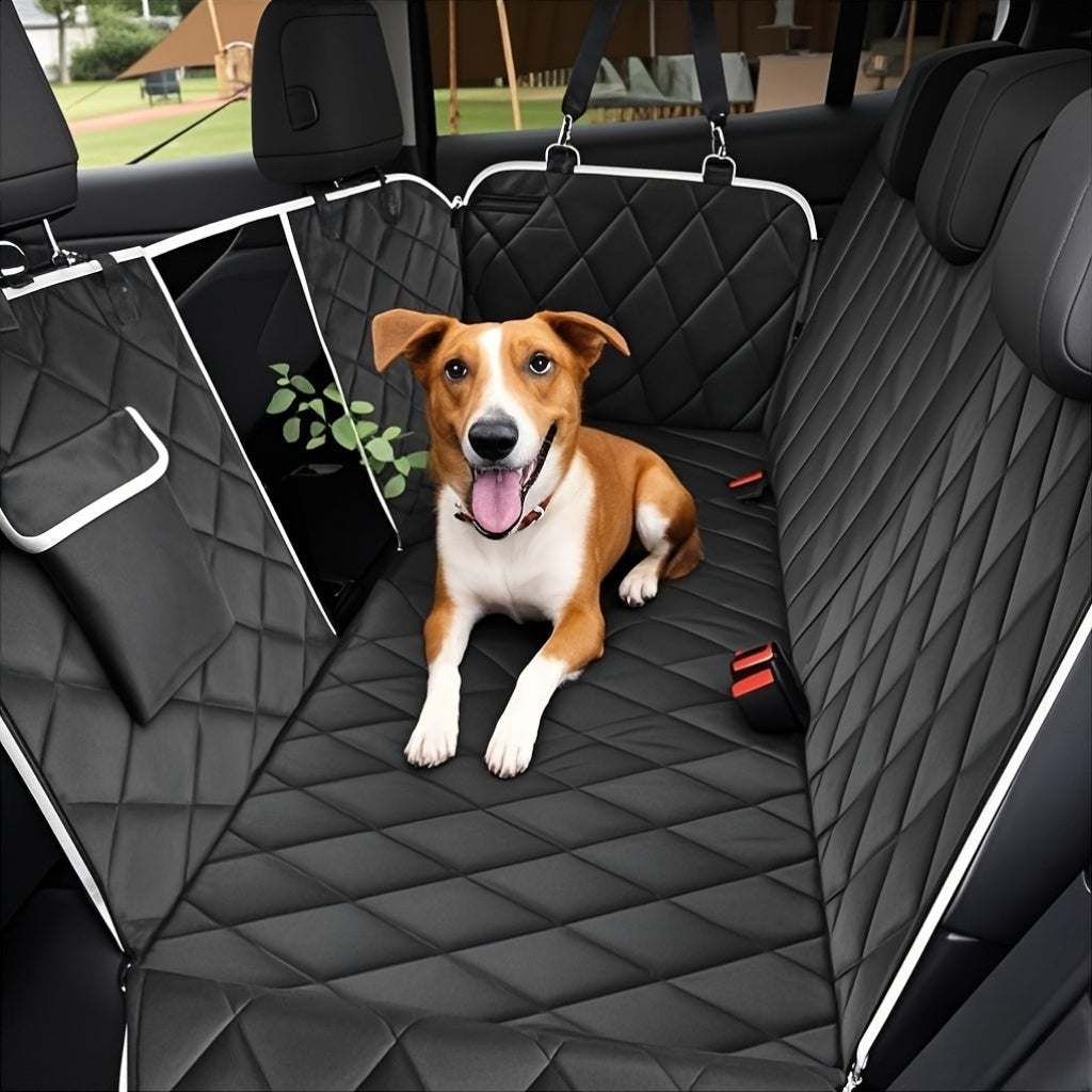 Dog Car Seat Cover with Mesh Viewing Window, 54 x 58 Inch Quilted Backseat Hammock with Storage Pocket and Gray Binding for Compatible Cars, Trucks and SUVs