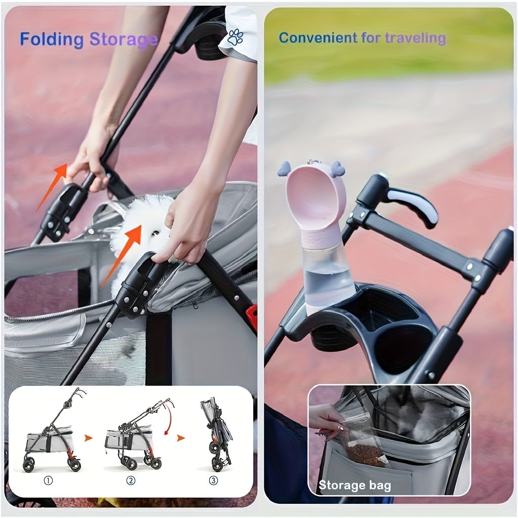 Dog and Cat Stroller in Black, Four-Wheel Pet Pushchair with Foldable Cage, Storage Basket and Cup Holder for Small to Medium Pets