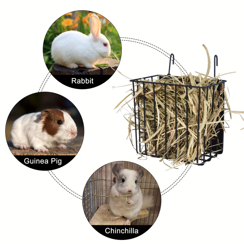 Rabbit Hay Feeder with Hanging Metal Rack, Black Powder-Coated No-Drill Cage Organizer for Guinea Pigs and Chinchillas, Space-Saving Hay Basket