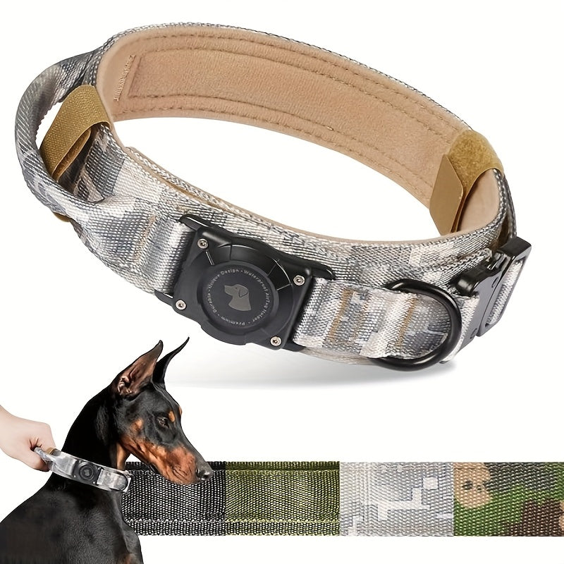 AirTag Holder Dog Collar with Handle, Adjustable Tactical Collar in Digital Camouflage for Medium and Large Dogs, M L XL, AirTag Not Included