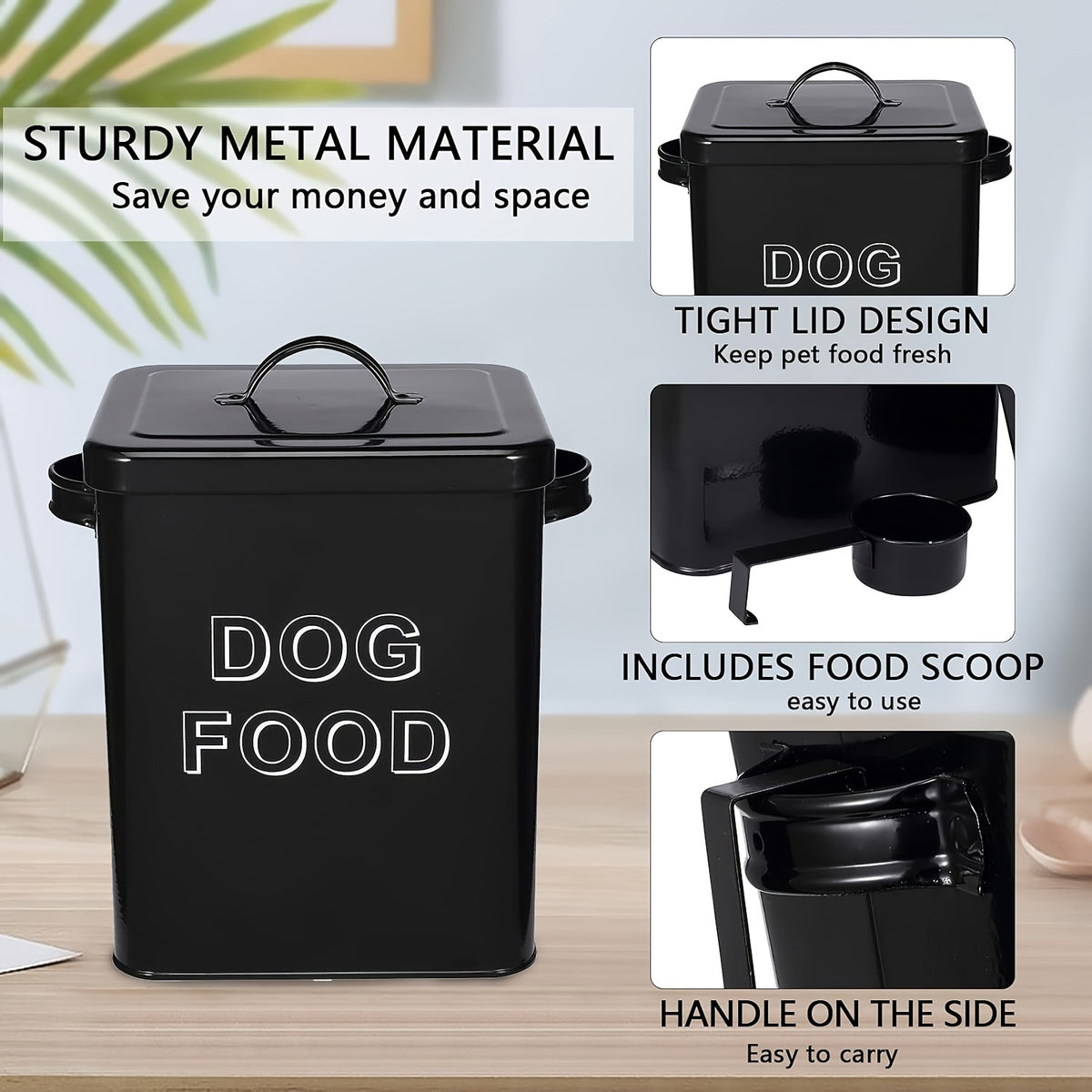 Dog Food Storage Canister with Scoop and Lid, Square Metal Farmhouse Container for Dry Pet Food, Treats and Kitchen Countertop Organization