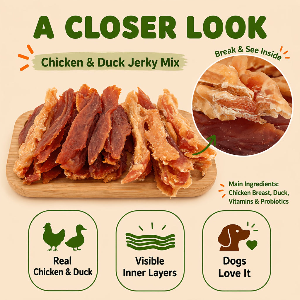 Dog Training Treats Chicken & Duck Jerky Mix, Air-Dried Meat Strips in 102g or 150g Packs for Everyday Rewards, Walks and Practice