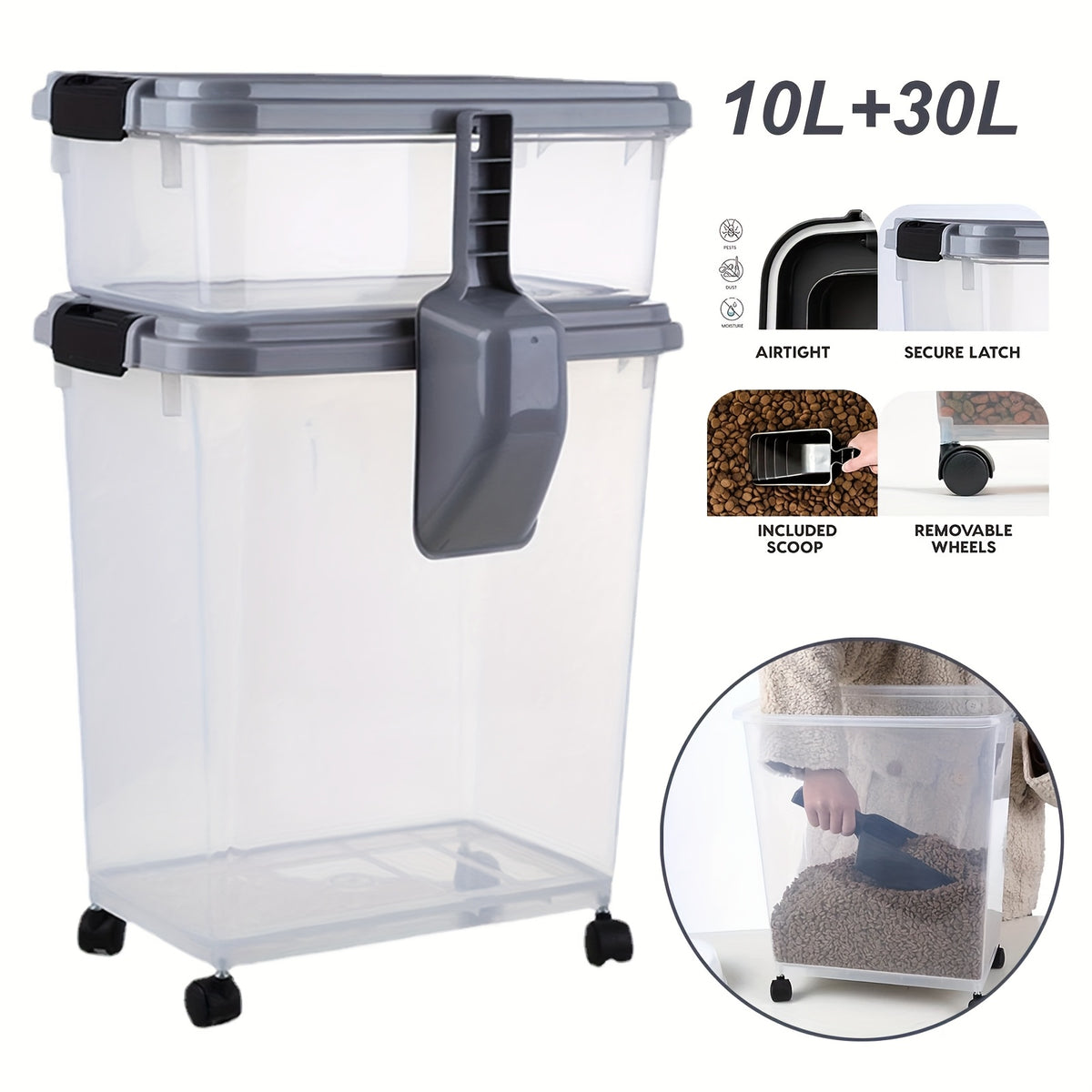 Rolling Pet Food Storage Containers with Locking Lids, Stackable Airtight Dog and Cat Dry Food Bins with Scoop, Gray/Clear Pantry Organizer