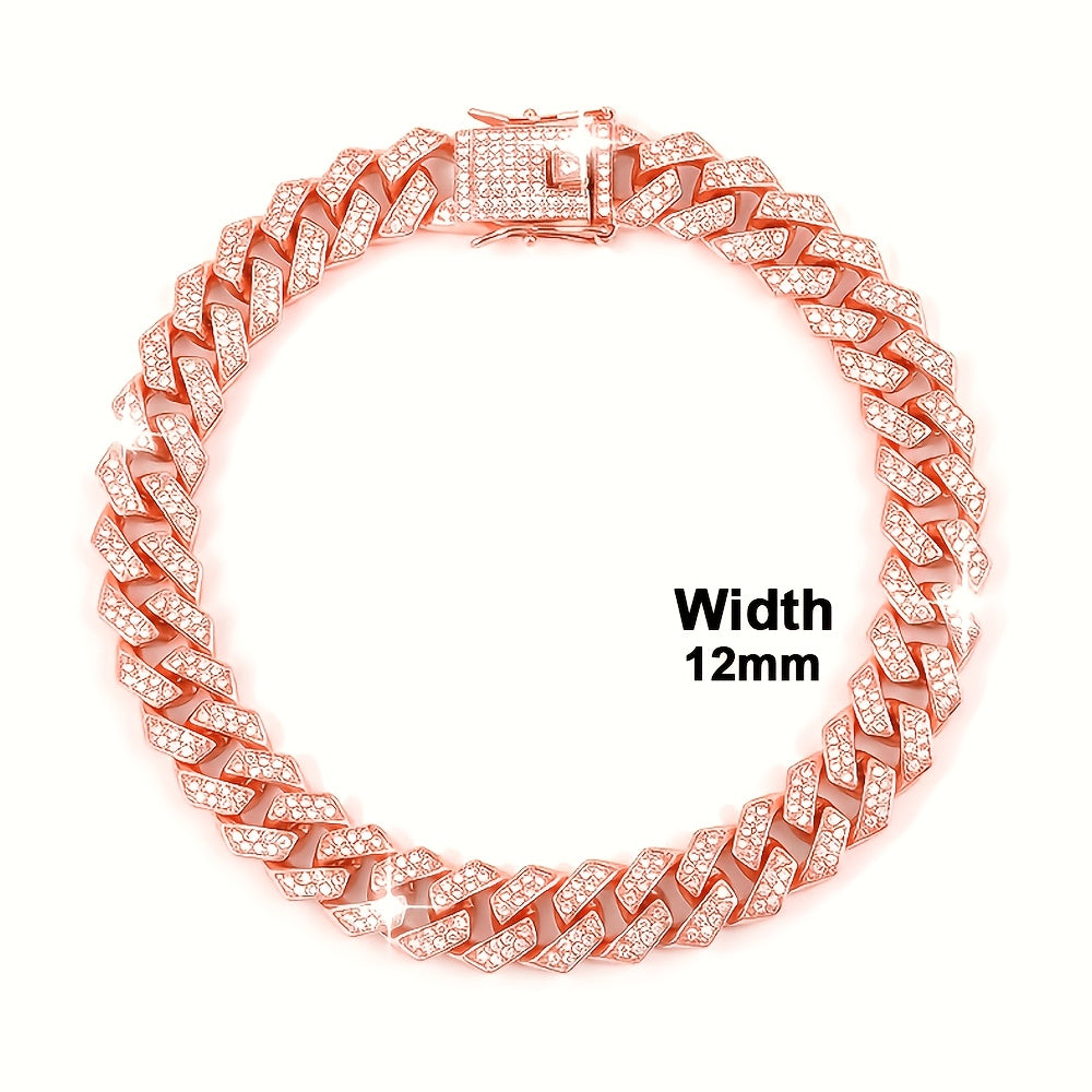 Cuban Chain Dog Collar with Rhinestones, 14mm Wide Metal Pet Necklace in Golden, White or Red for Dress-Up Photos, Parties and Holiday Gifts