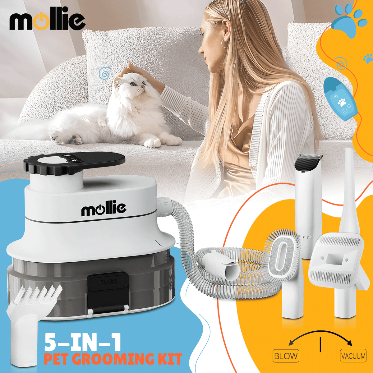 Dog Grooming Vacuum and Dryer Kit with 6 Grooming Tools, Trimmer and Guide Combs for At-Home Dog and Cat Coat Care, MoNiBloom