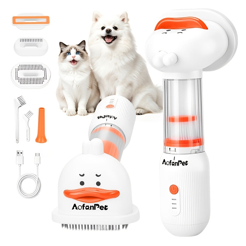 Pet Grooming Vacuum Brush 4-in-1, White Handheld Dog and Cat Deshedding Kit with Self-Cleaning Slicker, Undercoat Rake, Massage Brush and Blowing Nozzle