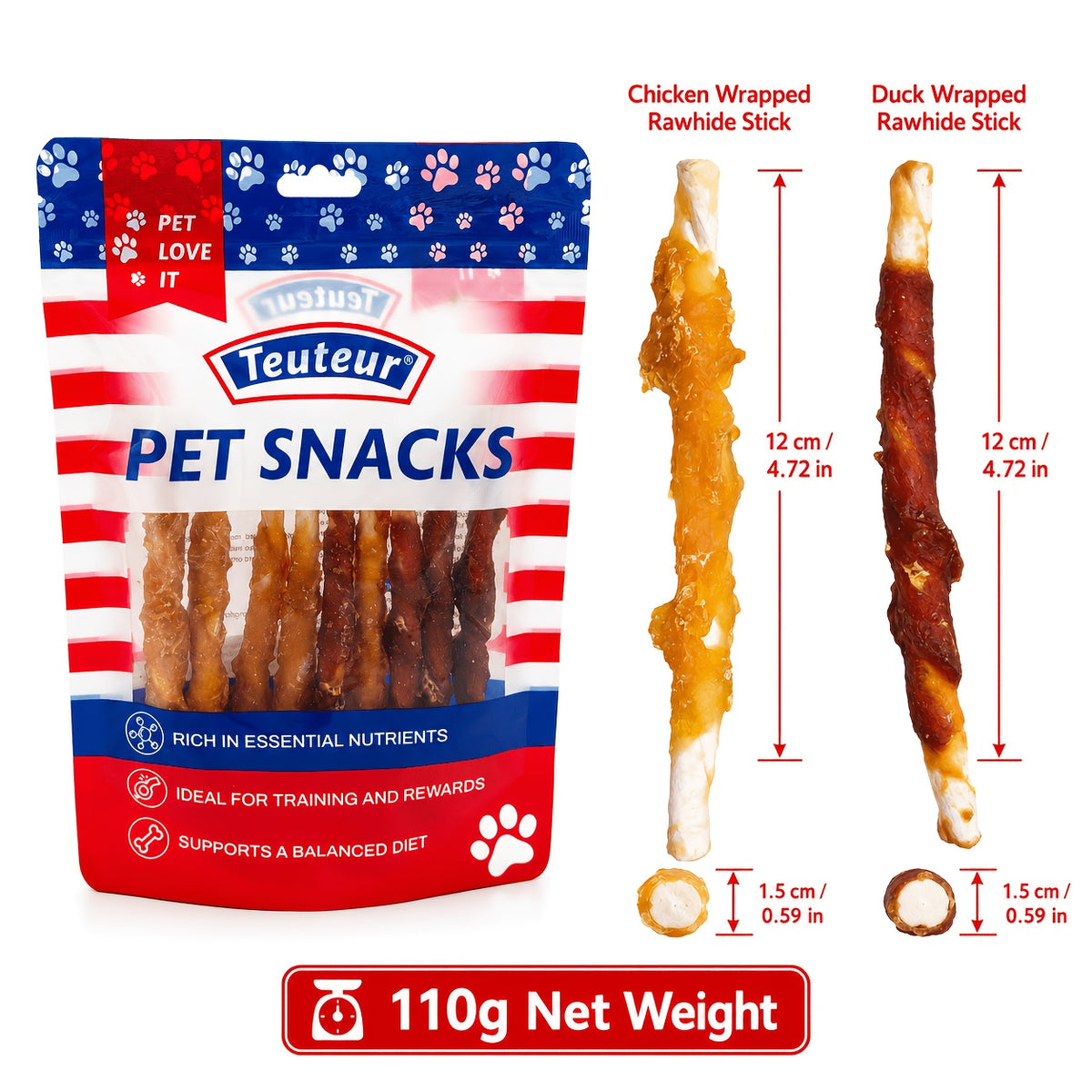 Dog Chew Sticks with Chicken and Duck Wraps, Mixed Rawhide Roll Treat Combo for Supervised Chewing, Occasional Rewards and Dog Owner Gift Baskets