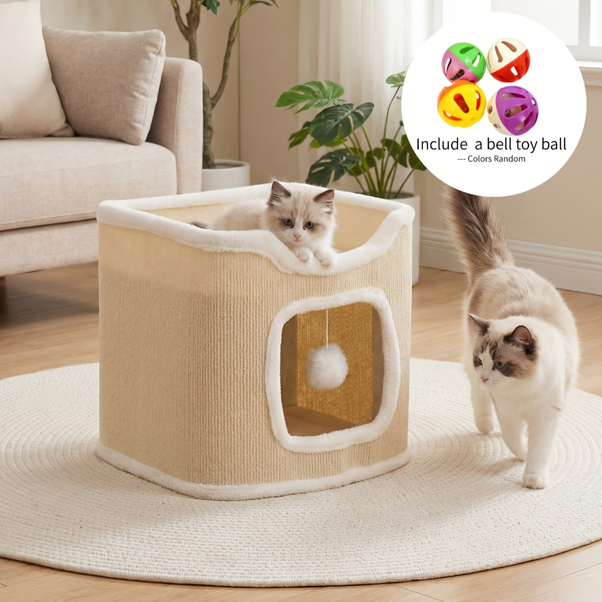 Cat Condo Cube Tower for Indoor Cats, Space-Saving Cat House Bed with Hanging Plush Ball, One to Three Stories in Beige, Coffee or Light Gray
