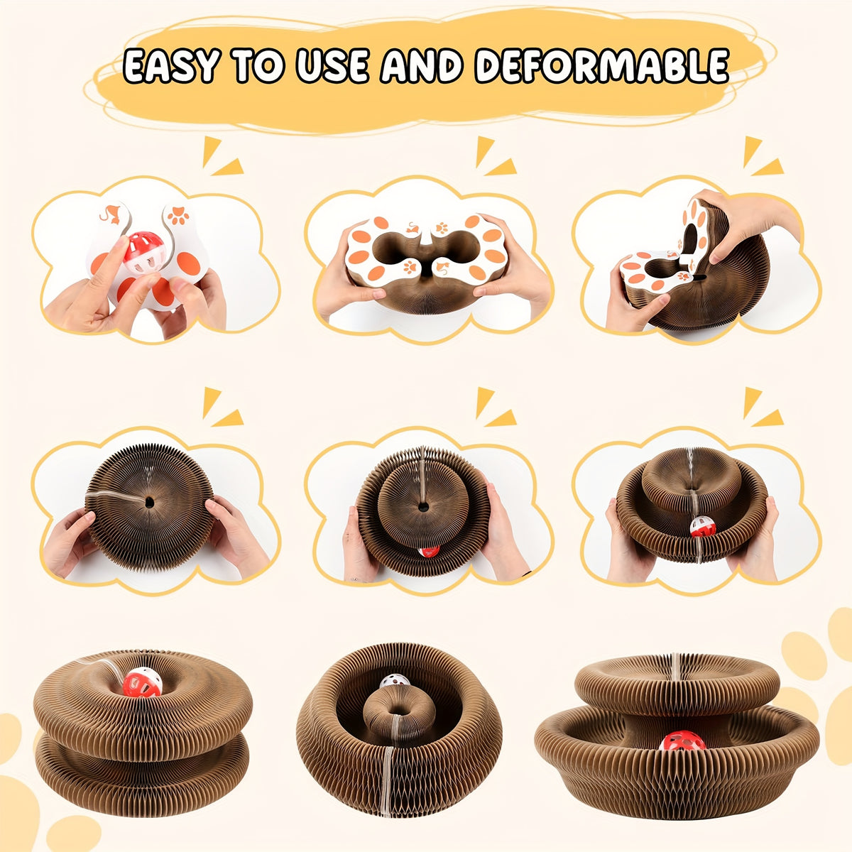 Accordion Cat Scratcher with Ball Track, Foldable Corrugated Cardboard Scratching Pad for Indoor Cats, Brown with Bell Bundle Option