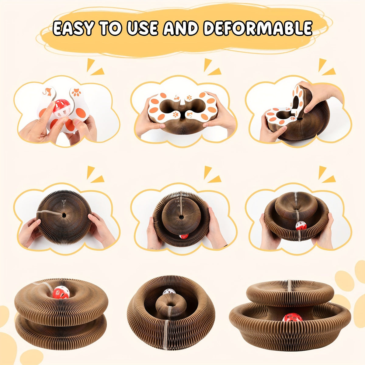 Accordion Cat Scratcher with Ball Track, Foldable Corrugated Cardboard Scratching Pad for Indoor Cats, Brown with Bell Bundle Option