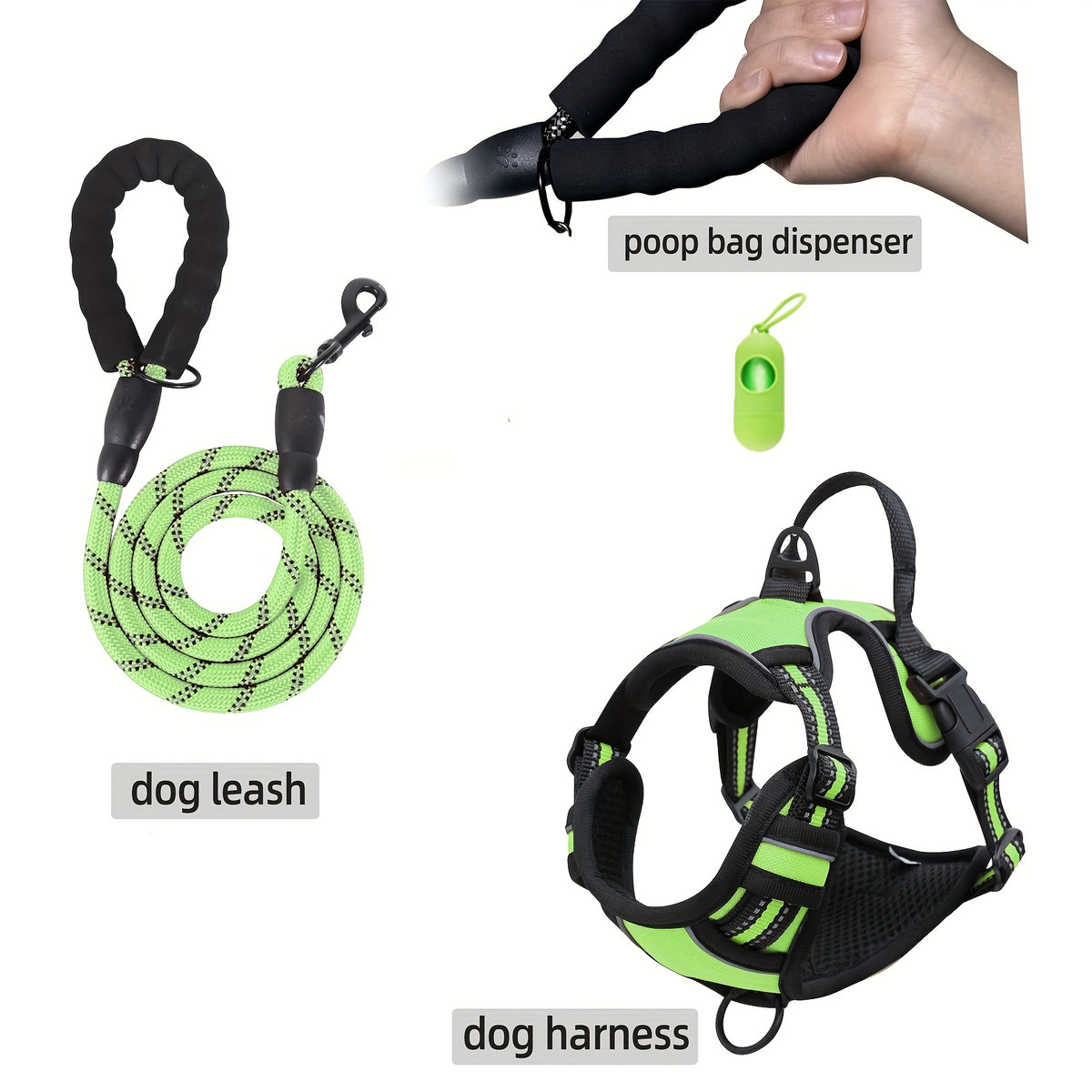 Dog Harness Set 3-in-1 with Reflective Walking Vest, Leash and Poop Bag Holder, Everyday Outdoor Walking Gear in Seven Colors with S to XL Size Options