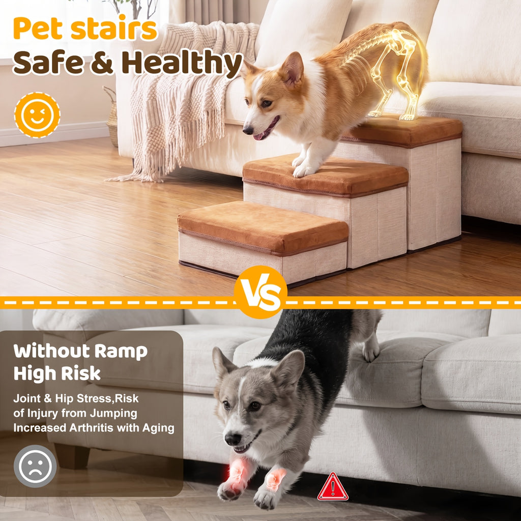 Foldable Dog Stairs with Storage Ottoman Design, Soft Cushioned Non-Slip Pet Steps for Bed and Couch, 3/4-Step Styles with Chicken Leg Plush Toy